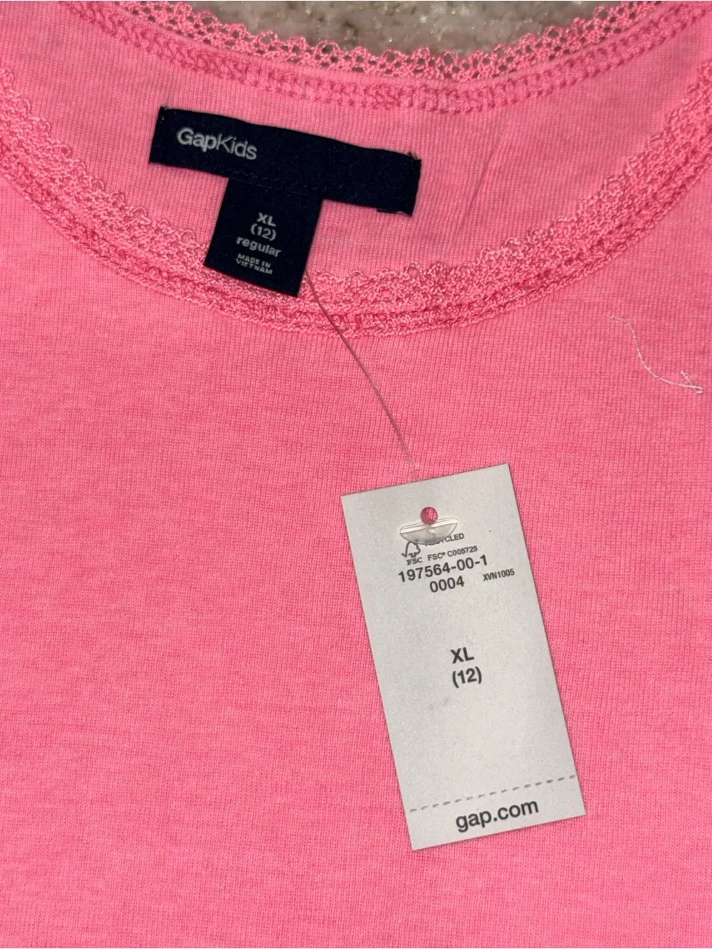 NWT GapKids Girls Pink Lace Trim Tank Top XL 12 Sleeveless Cotton Blend Shirt